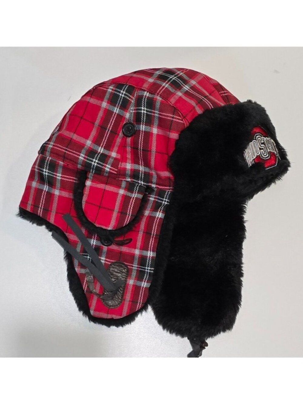 Ohio State Plaid Trapper Hat W/ Faux Fur Lined Ear Flaps & Chin Strap